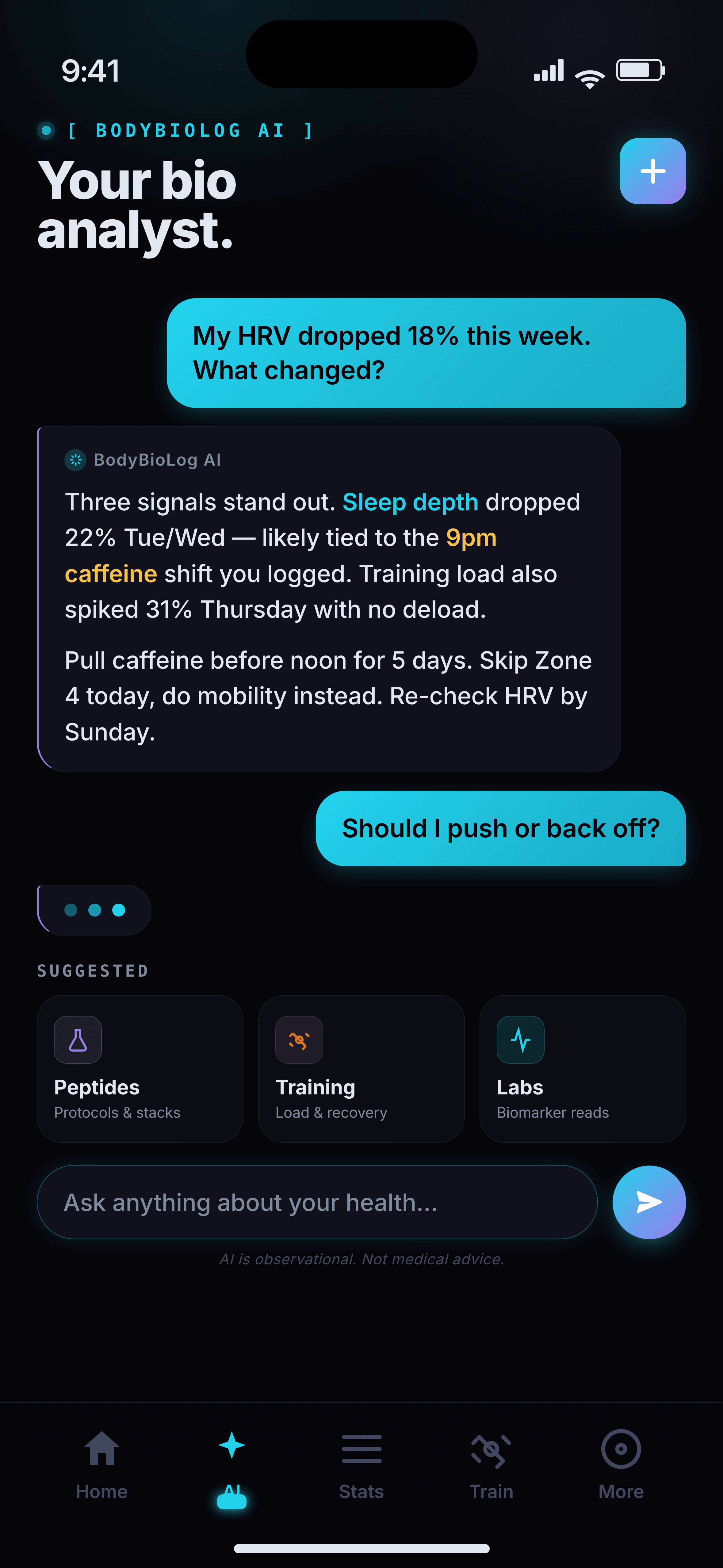 AI coach analyzing weekly HRV drop