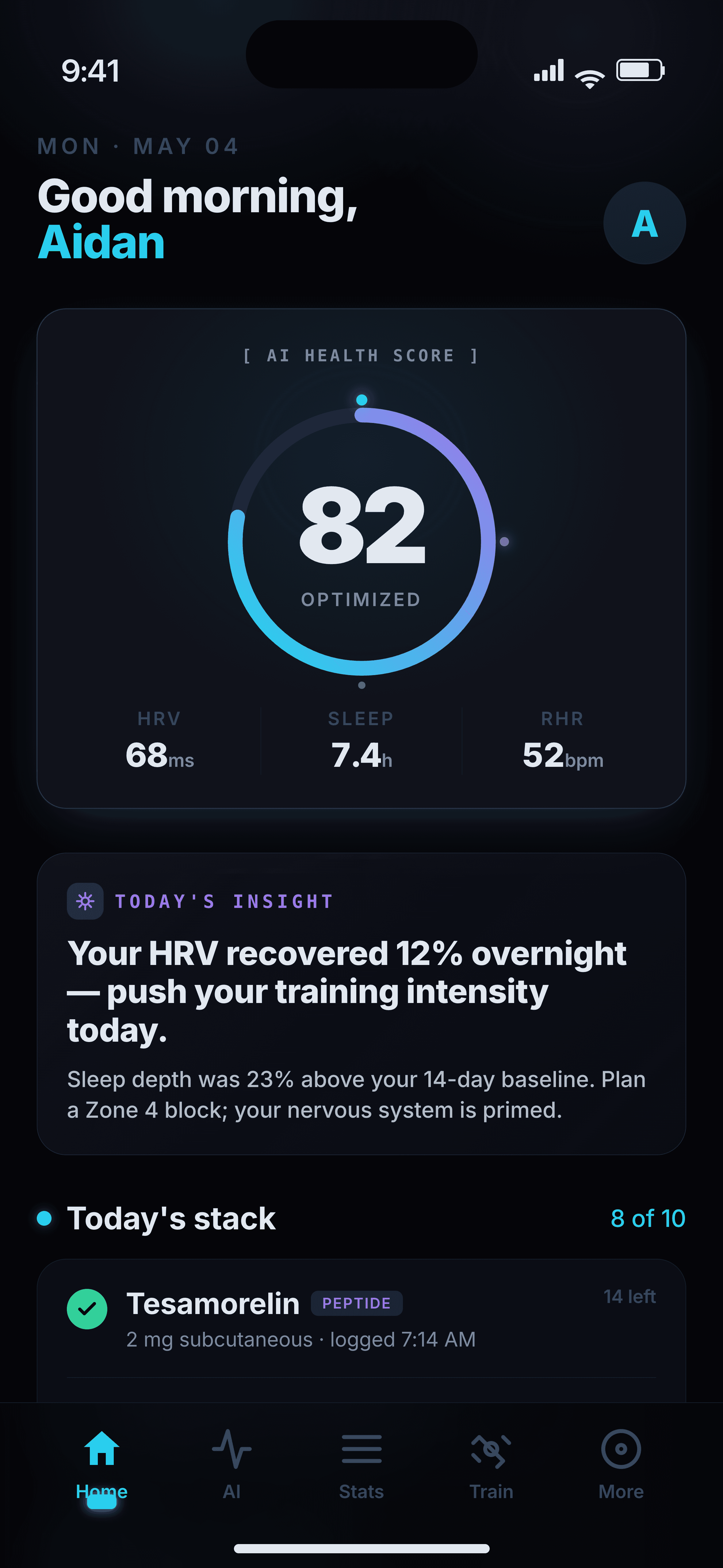 BodyBioLog dashboard with daily stack and streak